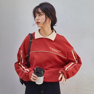 Lettering Collared Pullover Red - One Size
