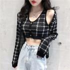 Sleeveless Cropped Knit Top / Houndstooth Knit Cardigan