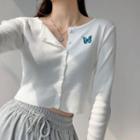 Butterfly-embroidered Button-down Crop Knit Top