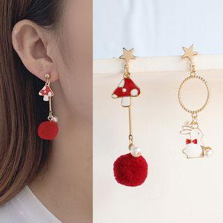Non-matching Alloy Rabbit Mushroom Faux Pearl Bobble Dangle Earring