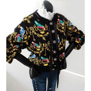 Beribboned Crew-neck Patterned Cardigan