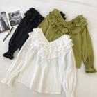 Ruffled-trim V-neck Flare-sleeve Top