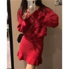 Bow-accent Cardigan / Plain Slim-fit Knit Skirt