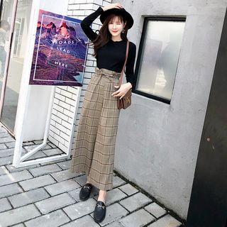 Long-sleeve Knit Top / Wide-leg Plaid Pants / Set