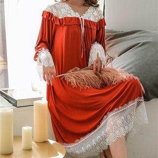 Long-sleeve Lace Panel Night Gown