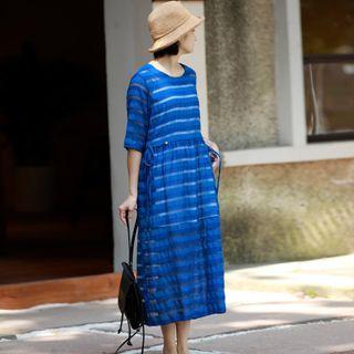 3/4-sleeve Striped Midi A-line Dress Sapphire Blue - One Size