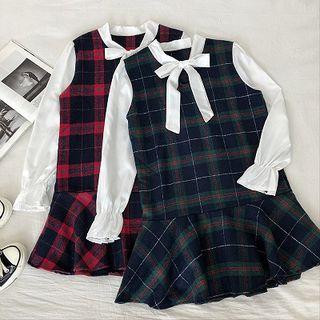 Color-block Plaid Lace-up Long-sleeve Dress