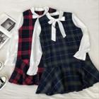 Color-block Plaid Lace-up Long-sleeve Dress