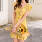 Cap-sleeve Floral Print Drawstring Swim Dress