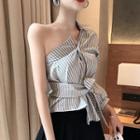 Striped Single Sleeve Shirt / Pleated Mini Skirt