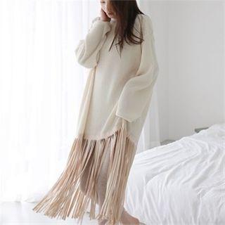 Fringed-hem Long Knit Dress