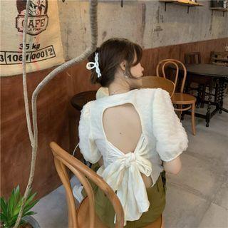 Puff-sleeve Tie-back Crop Top Almond - One Size