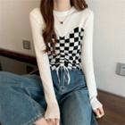 Mock Two-piece Checkerboard Panel Knit Top