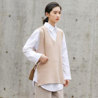 V-neck Side Slit Knit Vest / Plain Shirt