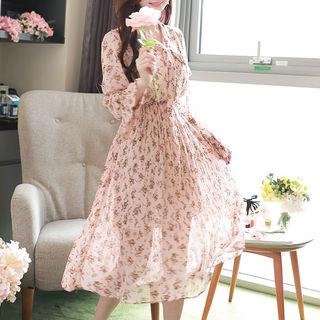 Tie-neck Accordion-pleat Floral Midi Dress