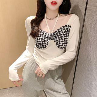 Long-sleeve Halter Houndstooth Panel Top
