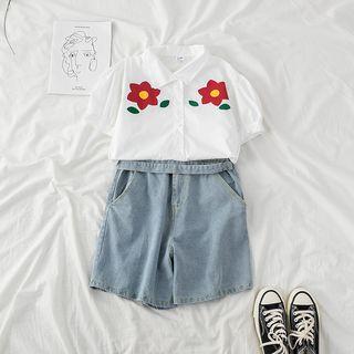 Flower Print Short Sleeve Shirt / Denim Shorts