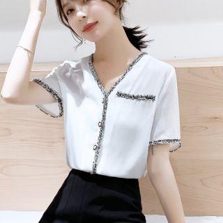 Short-sleeve Tweed Trim Blouse