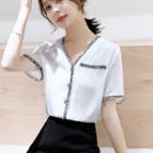 Short-sleeve Tweed Trim Blouse