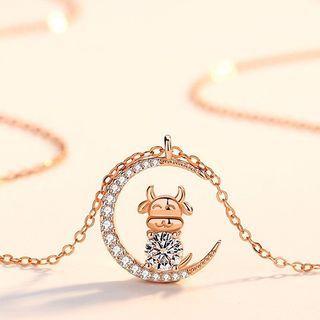 Ox Moon Rhinestone Pendant Sterling Silver Necklace