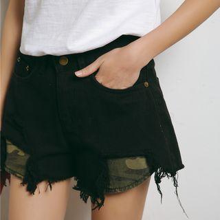 Distressed Panel Denim Shorts