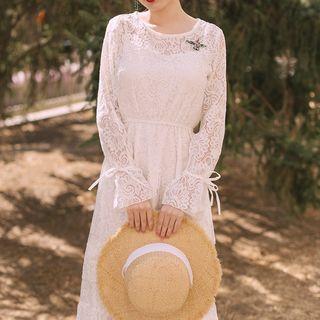 Long-sleeve Frill Trim Lace Midi Dress