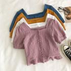 Plain Square-neck Single-breasted Short-sleeve Top