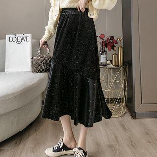 Glitter Ruffle Hem Midi A-line Velvet Skirt