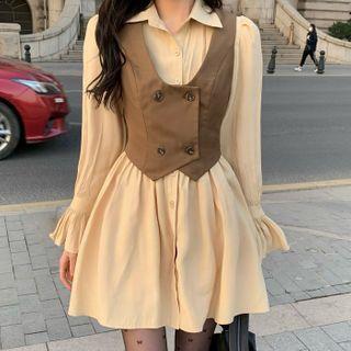 Long-sleeve Mini A-line Shirtdress / Double-breasted Vest