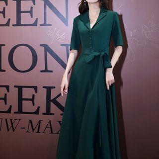 Elbow-sleeve V-neck Button-up Maxi A-line Dress