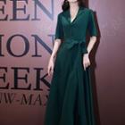 Elbow-sleeve V-neck Button-up Maxi A-line Dress