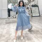 Tie-neck Long-sleeve Fringed Midi Chiffon Dress