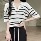 Short Sleeve V-neck Striped Crop T-shirt