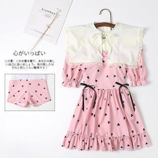 Elbow-sleeve Collared Heart Print Swim Dress
