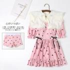 Elbow-sleeve Collared Heart Print Swim Dress