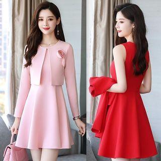 Set: Sleeveless A-line Dress + Open Front Cropped Jacket