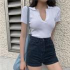 Short-sleeve Notched Knit Top