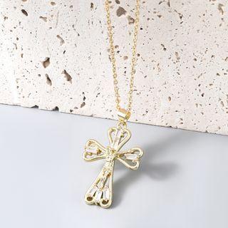 Cross Rhinestone Pendant Alloy Necklace 1 Pc - Gold - One Size