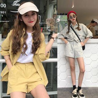 Set : Plain Long-sleeve Blouse + Shorts