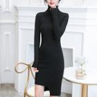 Long-sleeve Turtle-neck Asymmetric Sheath Knit Dress