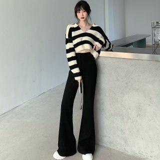 Striped Collared Cropped Sweater / High-waist Boot-cut Pants