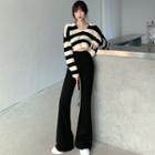 Striped Collared Cropped Sweater / High-waist Boot-cut Pants