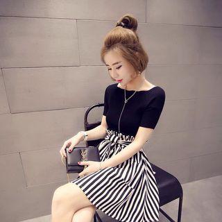 Set: Short-sleeve Top + Striped A-line Mini Skirt