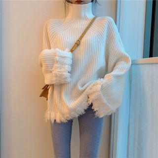 Fringed Trim Turtleneck Sweater