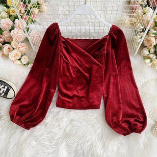 Puff-long-sleeve V-neck Velvet Blouse