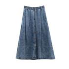 Band-waist Button Denim Midi A-line Skirt Blue - One Size