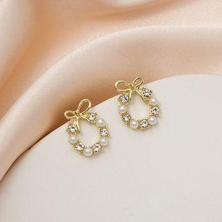 Bow Alloy Rhinestone Faux Pearl Earring 1 Pair - Silver Needle - Gold - One Size