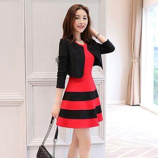 Set: Contrast Stripe A-line Dress + Bolero