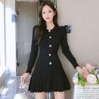 Long-sleeve Plain A-line Knit Pleated Dress