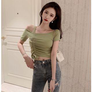 One-shoulder Asymmetric Drawstring Crop Top